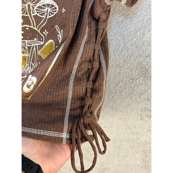 Positive Vibes Are Everywhere Mushrooms Ribbed Side Tie T-Shirt Juniors XXL - Picture 3 of 6